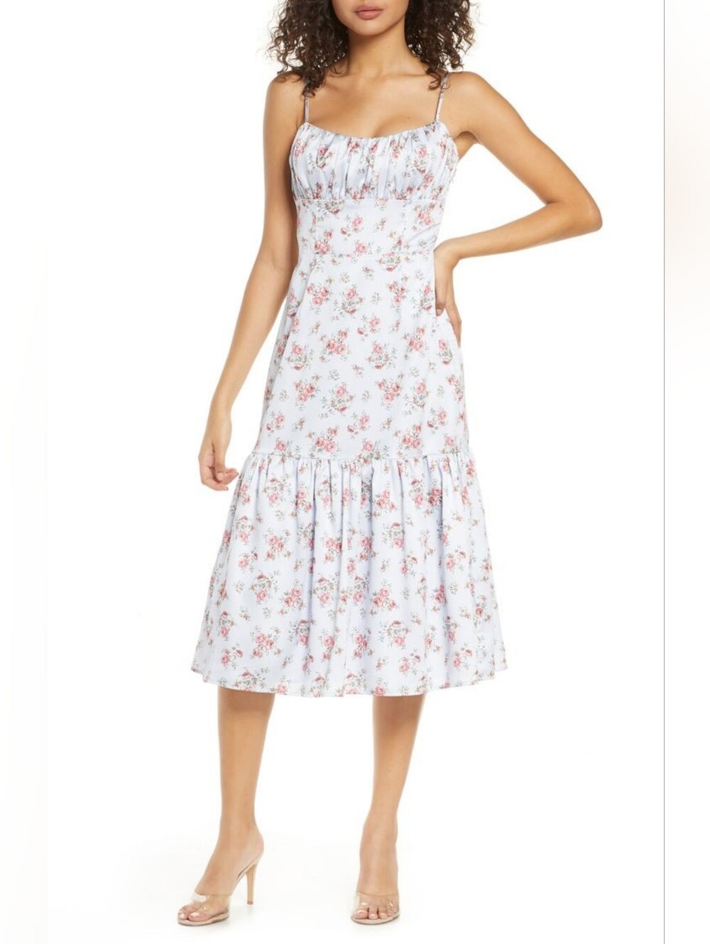Bellevue The Label Rosetta Floral Midi Dress Drop Waist Size S Coquette Cocktail